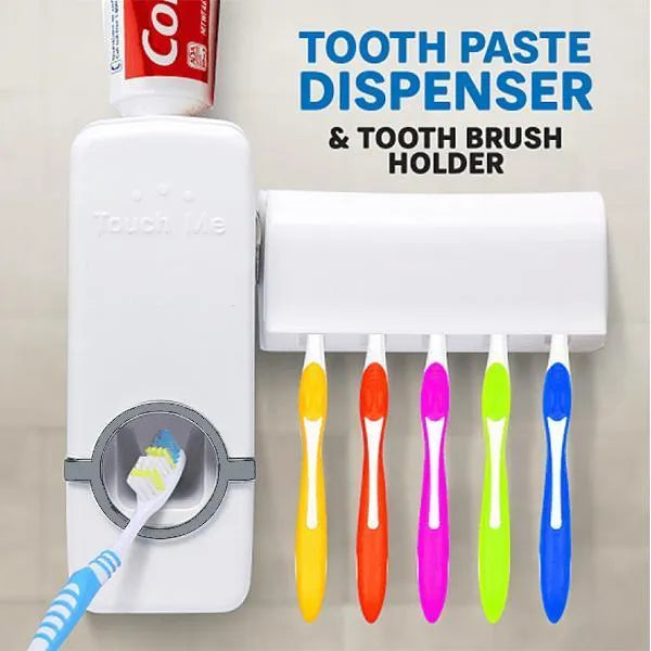 Toothpaste Dispenser With 5 Brush Holder Wall Mounted Automatic Hands Free Toothpaste Dispenser
