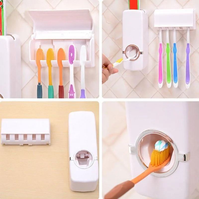 Toothpaste Dispenser With 5 Brush Holder Wall Mounted Automatic Hands Free Toothpaste Dispenser