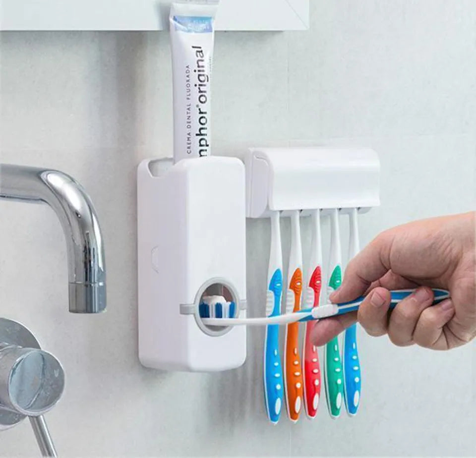Toothpaste Dispenser With 5 Brush Holder Wall Mounted Automatic Hands Free Toothpaste Dispenser