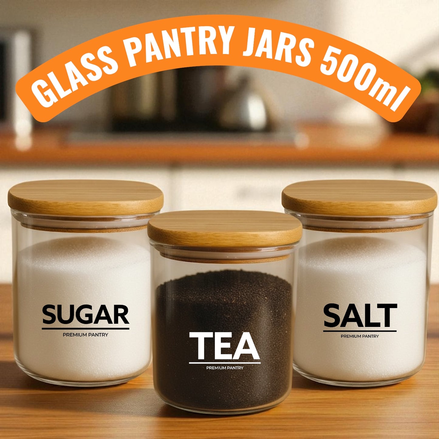 Glass Jars with Bamboo lid Kitchen Pantry Airtight jars for Sugar and Tea 680Grams
