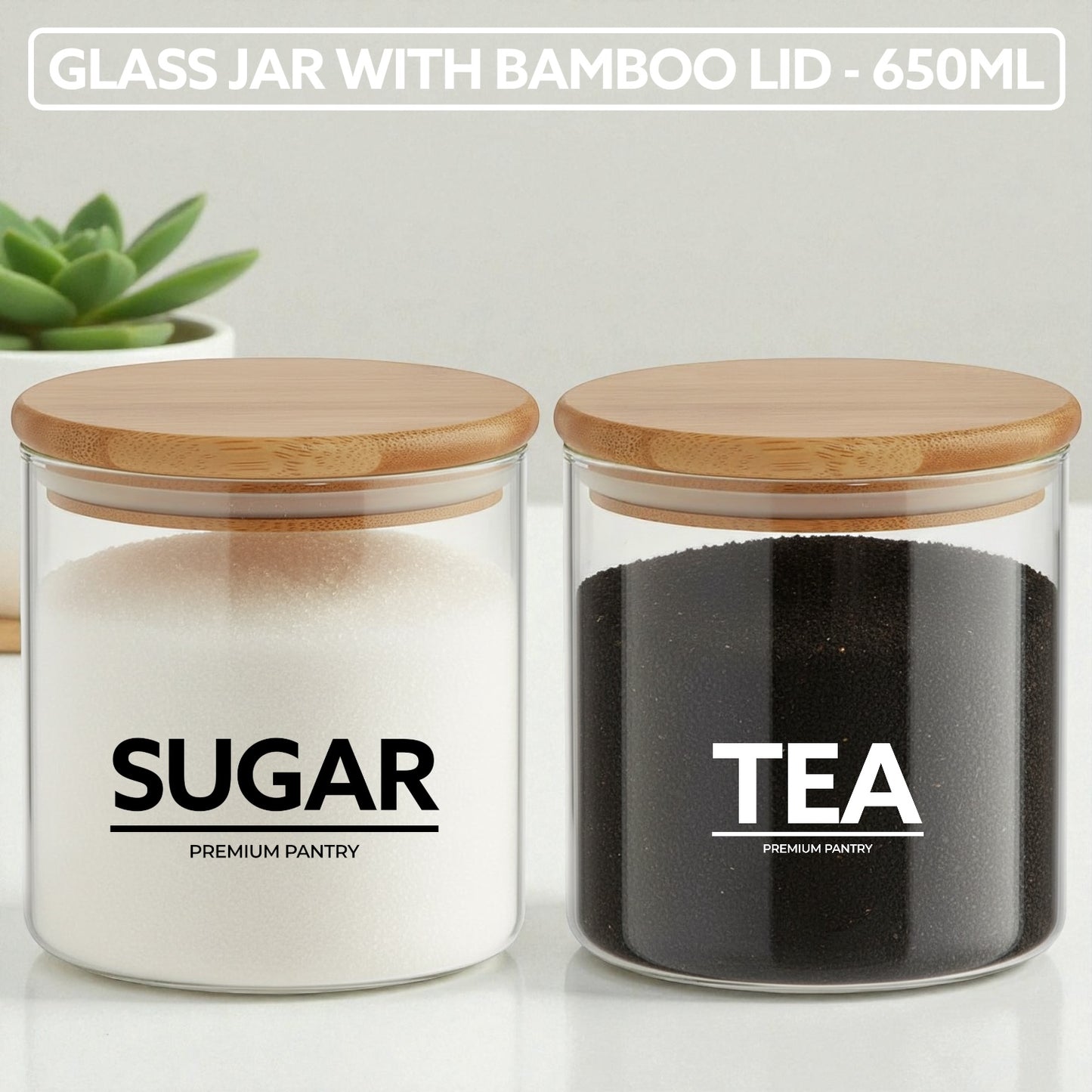 Glass Jars with Bamboo lid Kitchen Pantry Airtight jars for Sugar and Tea 680Grams